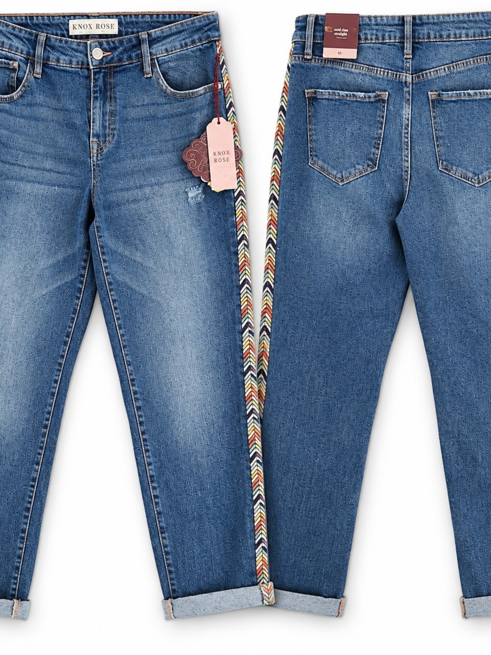 Knox Rose Size 10 Mid Rise Straight Jeans Boho Western Colorful Chevron Trim NWT